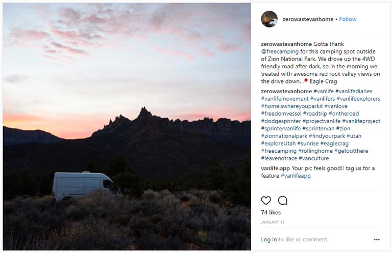 @zerowastevanhome on Instagram "Gotta thank @freecamping for this camping spot outside of Zion National Park. We drove up the 4WD friendly road after dark, so in the morning we treated with awesome red rock valley views on the drive down."